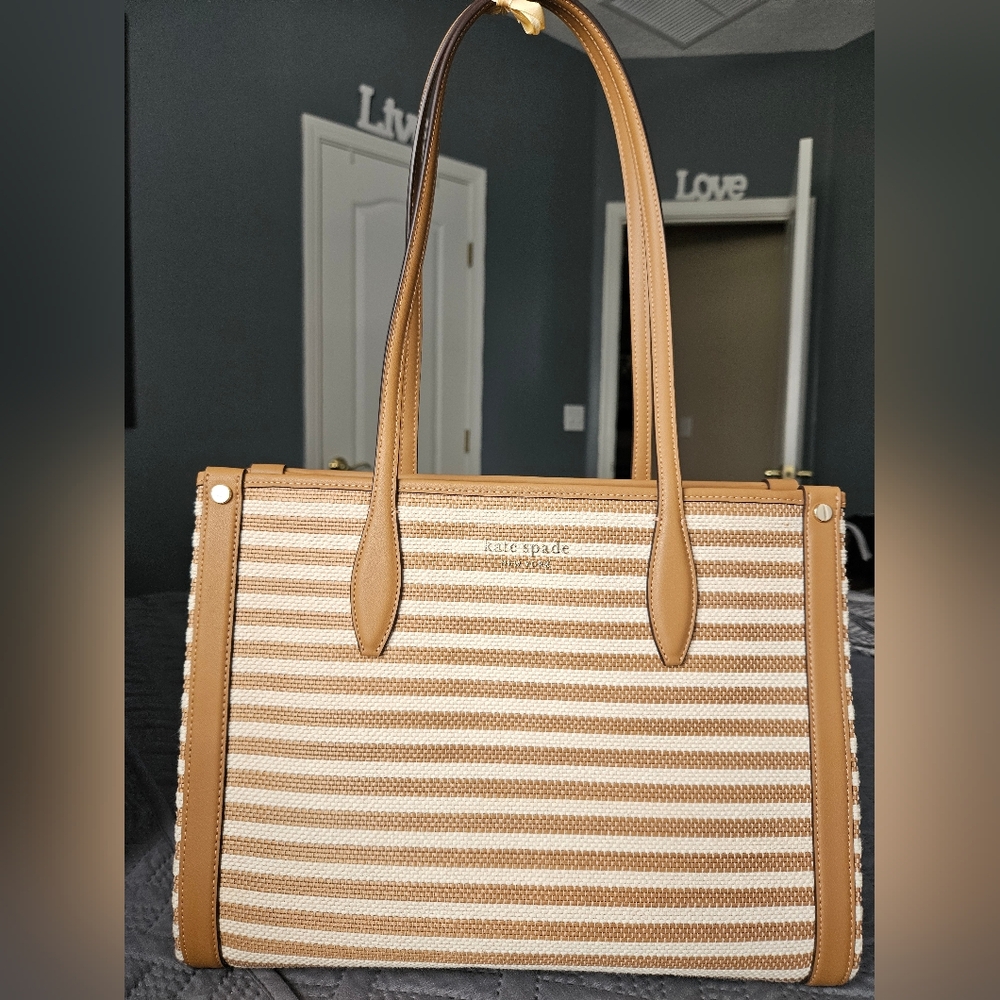 Kate Spade Market Stripe Tote Bag Straw and Cloth Medium Bungalow